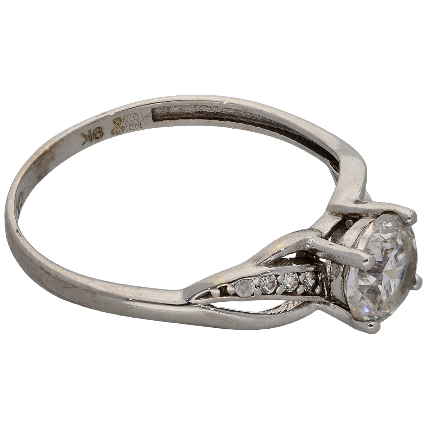 9ct White Gold Cubic Zirconia Single Stone Ring with Accent Stones Size S