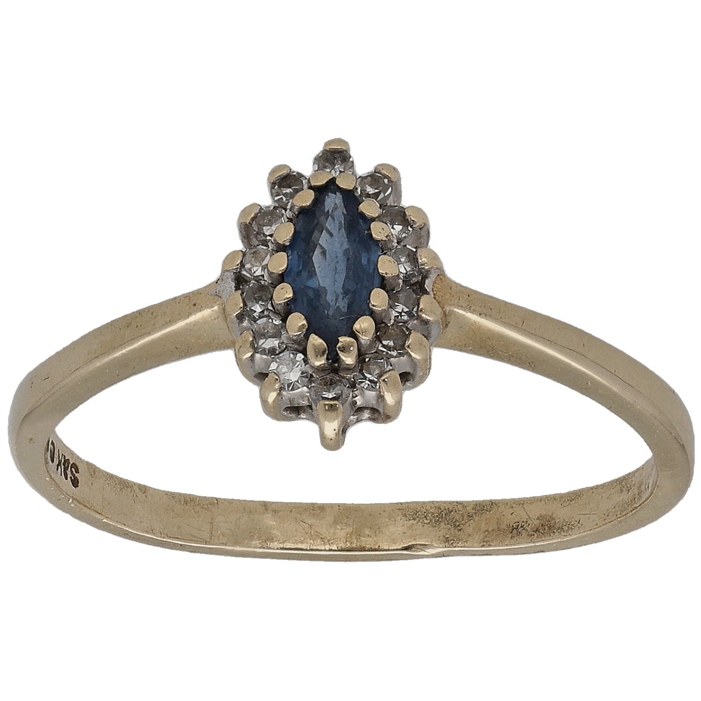 9ct gold sapphire and diamond solitaire ring with round halo cluster, size Q band