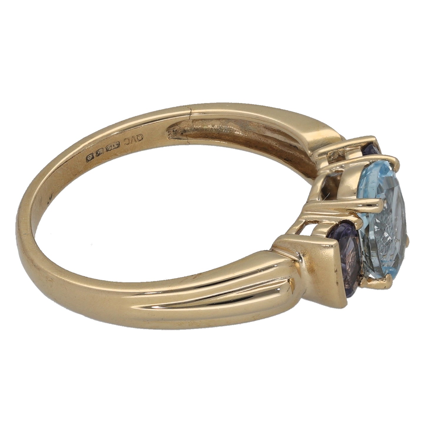 9ct Gold Aquamarine & Iolite Trilogy Ring Size P