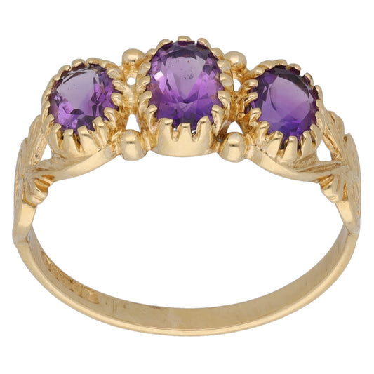 9ct Gold Amethyst Three Stone Ring Size M