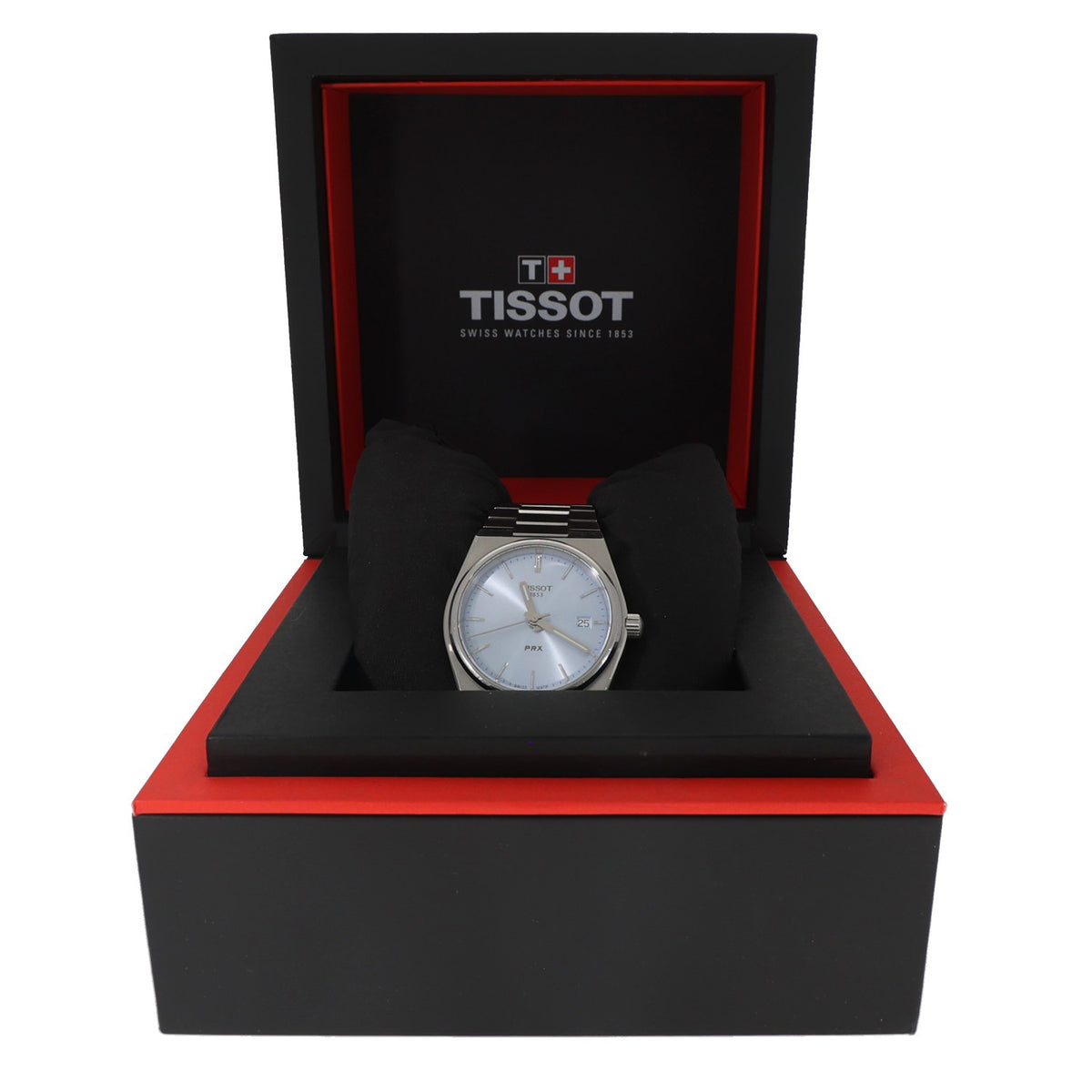 Tissot PRX T137210A, light blue dial, with a stainless steel case and bracelet, front facing image in the Tissot box