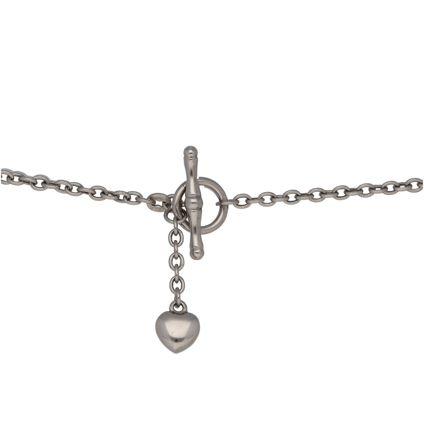 9ct white gold heart charm necklace with toggle-knot clasp and curb chain