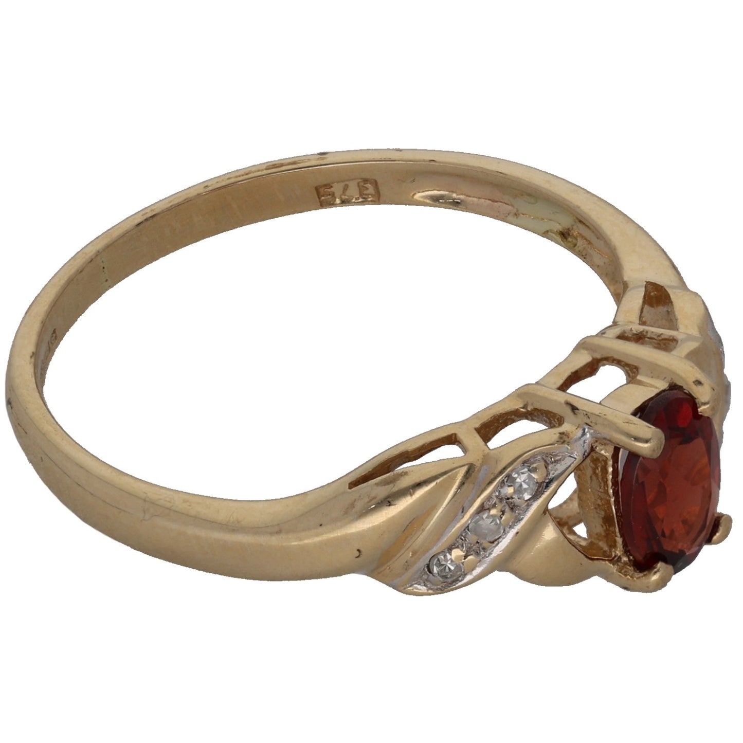 9ct Gold Round Garnet & 0.03ct Diamond Single Stone Ring With Accents Size O