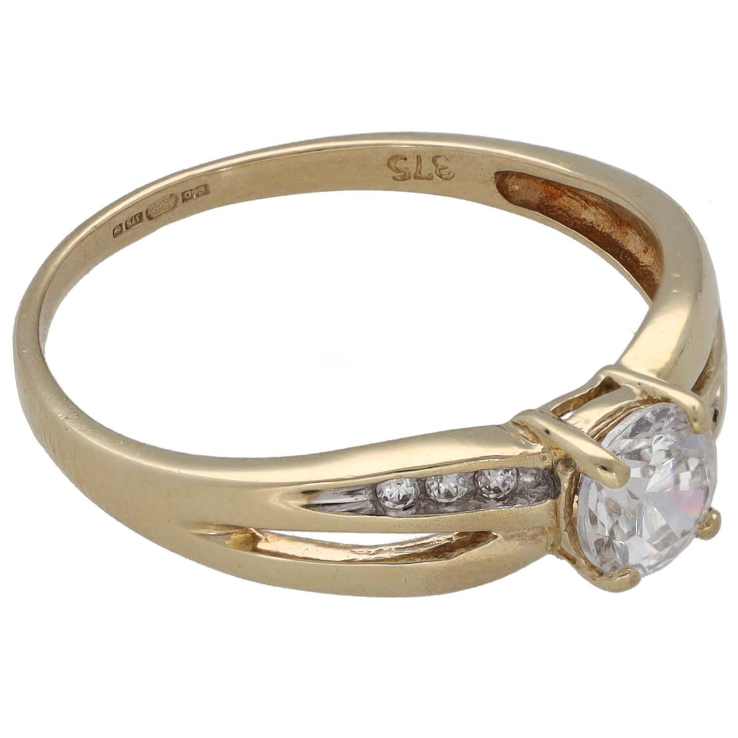 Gold CZ ring with round center stone and curved side accents with tiny pave stones