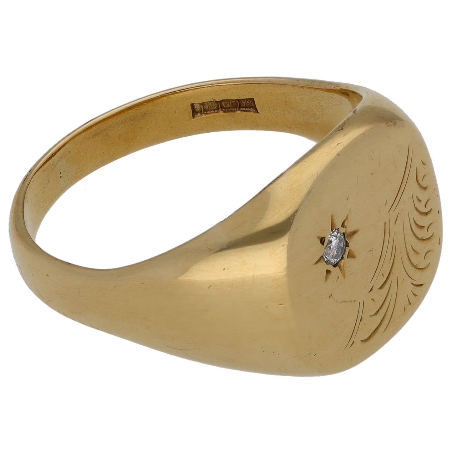 9ct Gold 0.05ct Diamond Patterned Signet Ring Size U