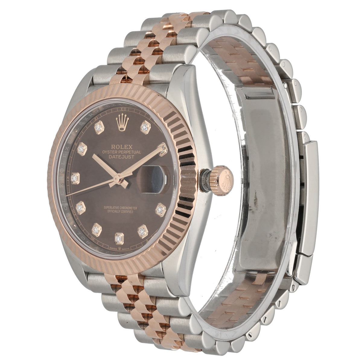 Rolex Datejust 41 126331, chocolate dial, , fluted bezel with stainless steel and rose gold case and bracelet, front angle image