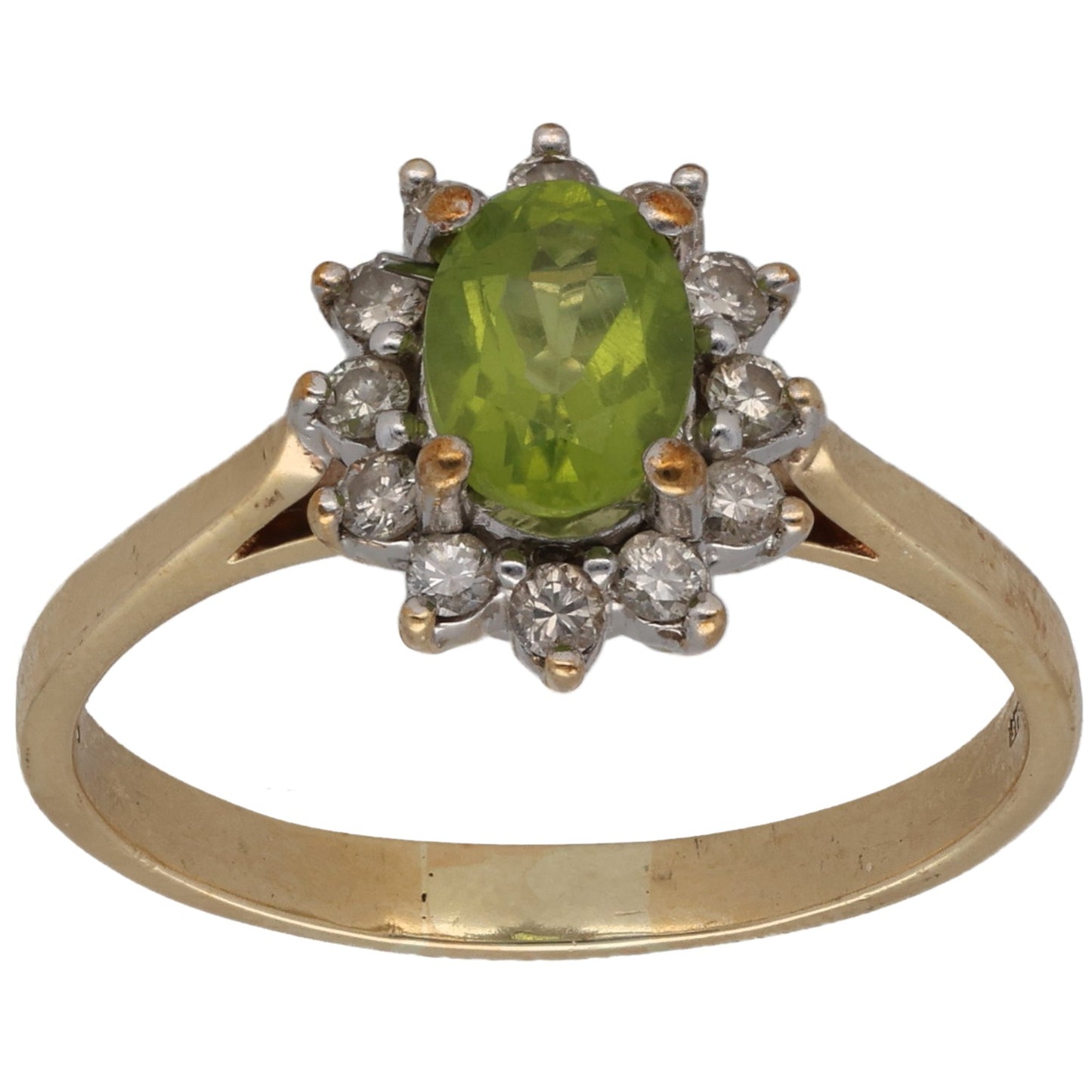 9ct Gold Peridot & 0.12ct Diamond Cluster Ring Size Q