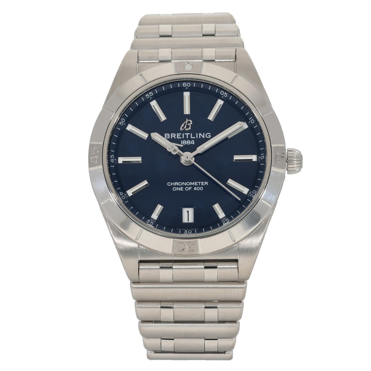 Breitling Chronomat A10380 Stainless steel wristwatch with blue dial and metal link bracelet, silver hands