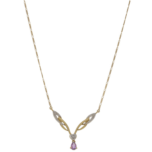 9ct Gold 0.01ct Diamond & Amethyst Fancy Necklace 14"