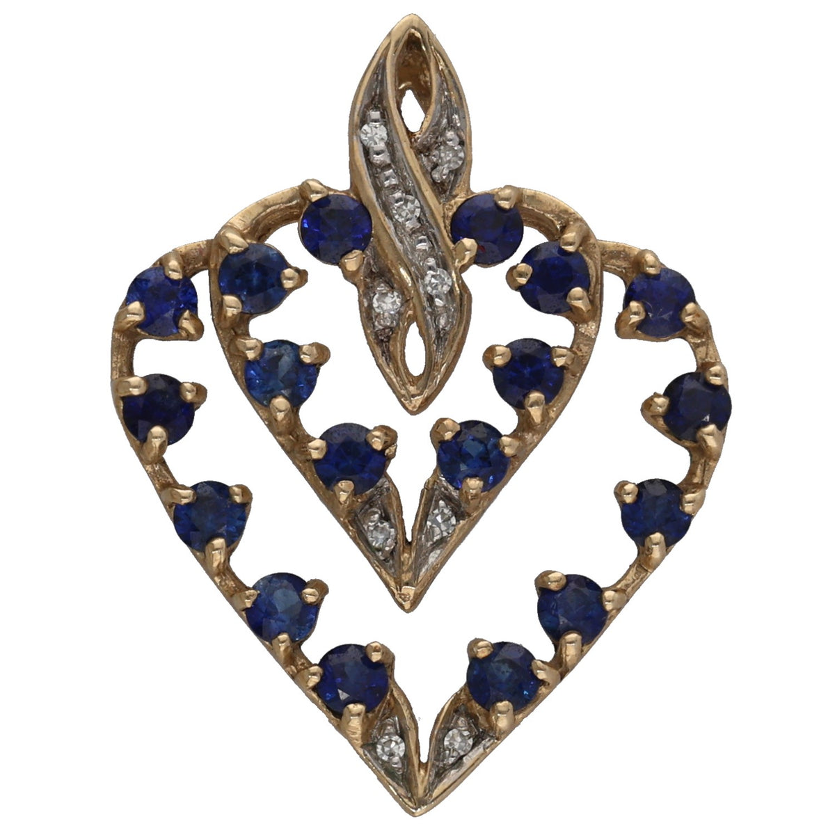 Gold heart pendant with round blue sapphire stones and small diamond accents, top loop bail