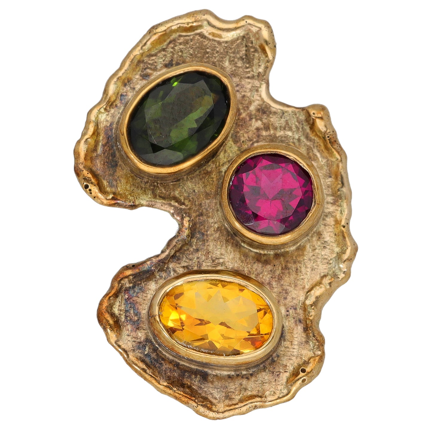 Gold pendant with green, pink, and yellow round gemstones in bezel settings