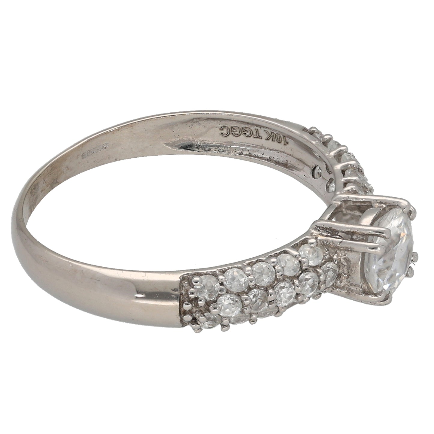 9ct White Gold Cubic Zirconia Single Stone Ring With Accent Stones Size R