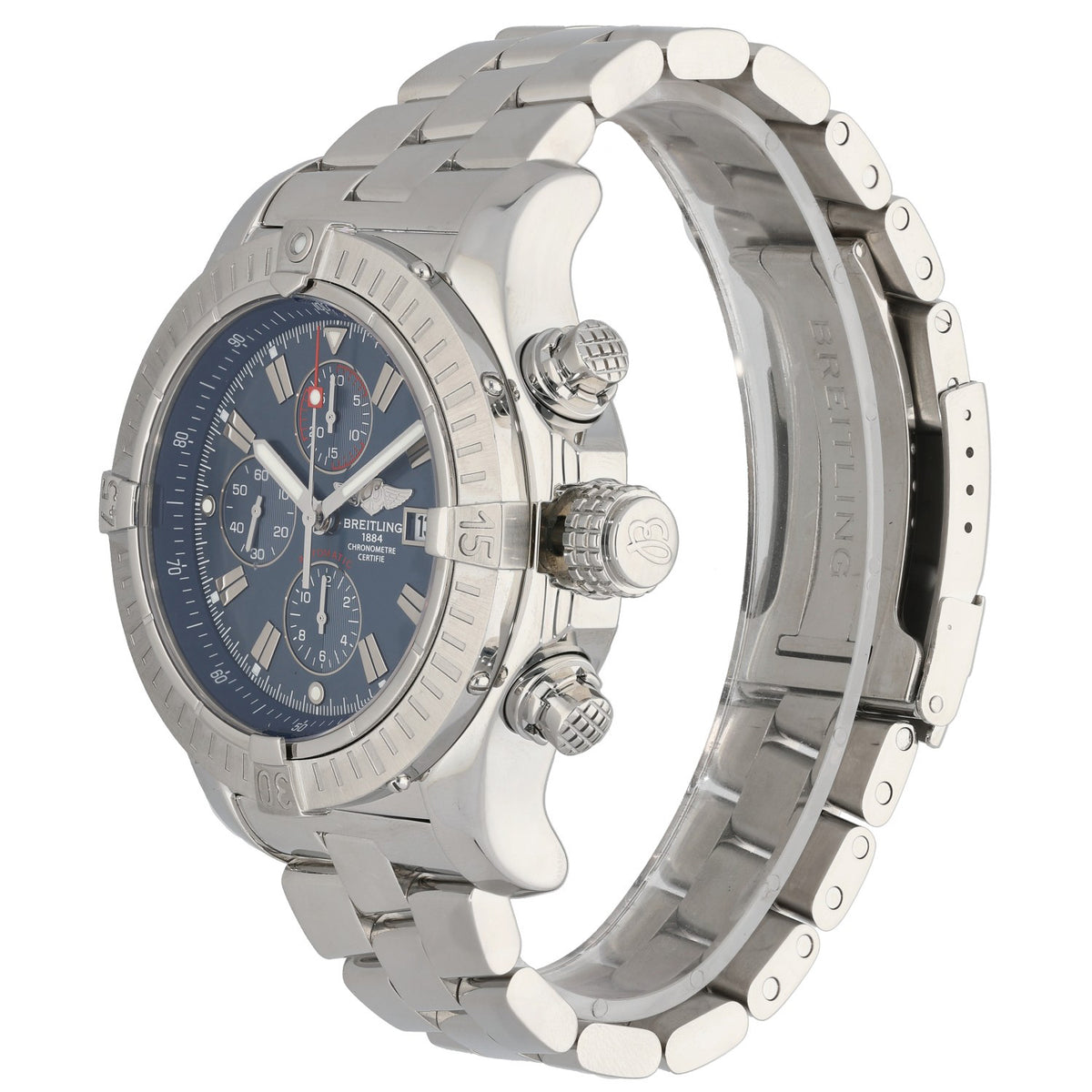 Stainless steel Breitling Super Avenger a13370 wristwatch side view with blue dial and pushers