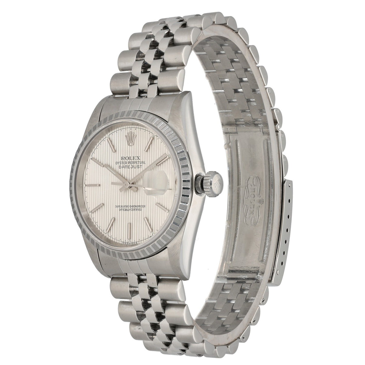 Rolex Datejust 16220, with grey dial inside stainless steel bracelet and case, front angle