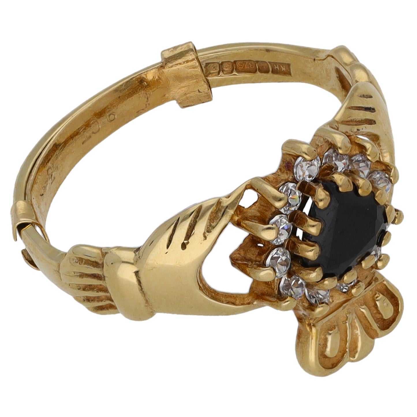 9ct Gold Sapphire & Cubic Zirconia Claddagh Ring Size K