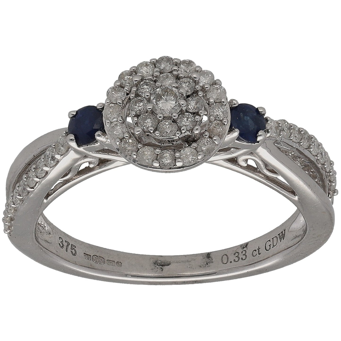 9ct White Gold Sapphire & 0.44ct Diamond Dress/Cocktail Ring Size M