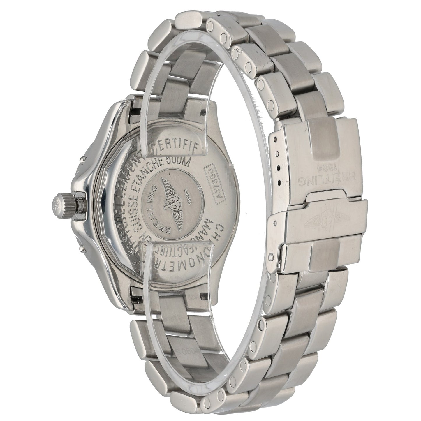 Breitling Colt A17350 stainless steel watch case back with engraved text and linked bracelet