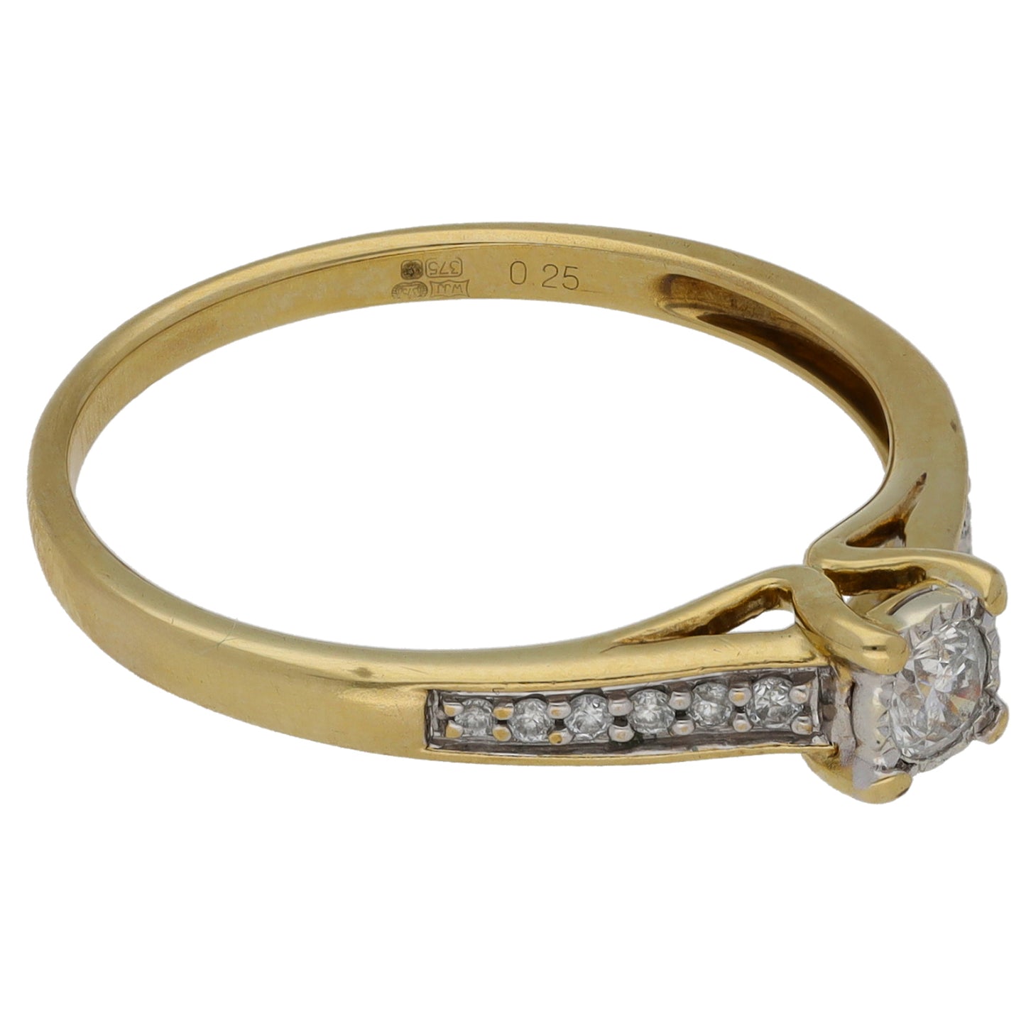 9ct Gold 0.25ct Diamond Solitaire Ring With Accent Stones Size S
