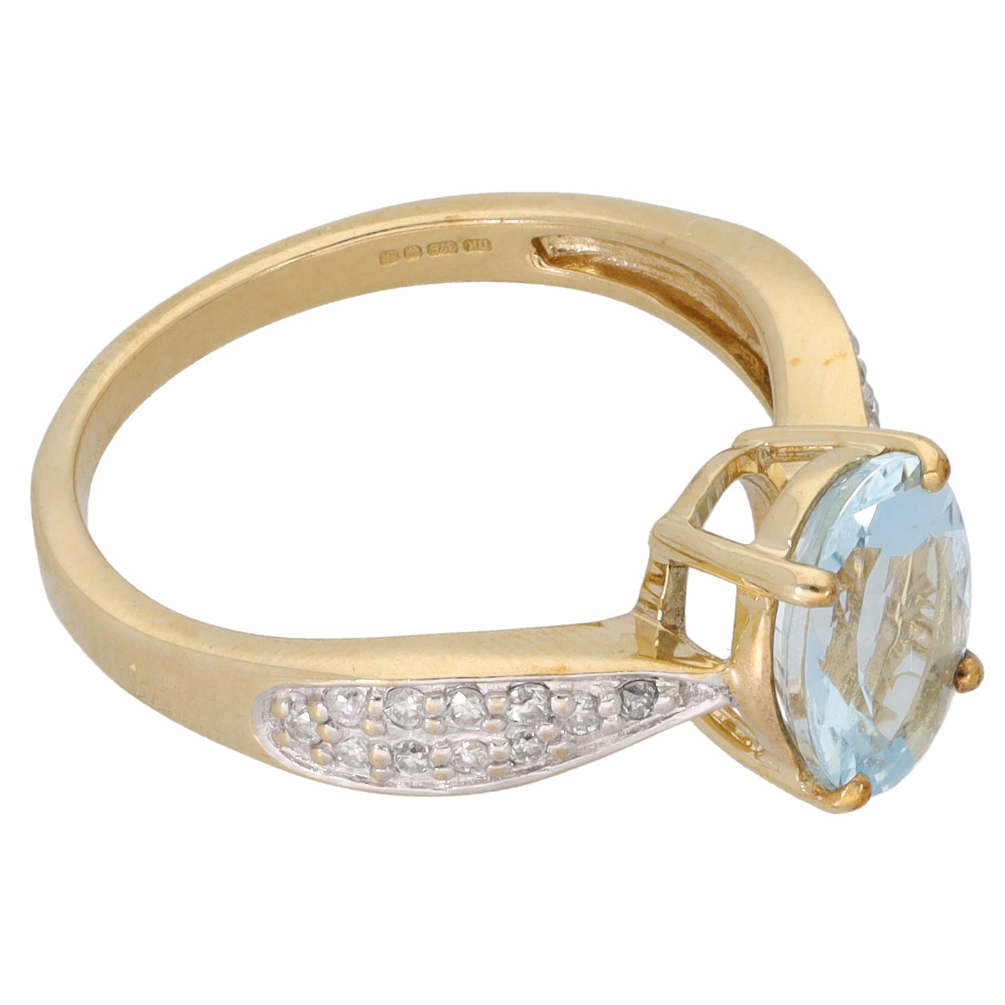 9ct Gold Aquamarine & 0.11ct Diamond Single Stone Ring with Accent Stones Size M