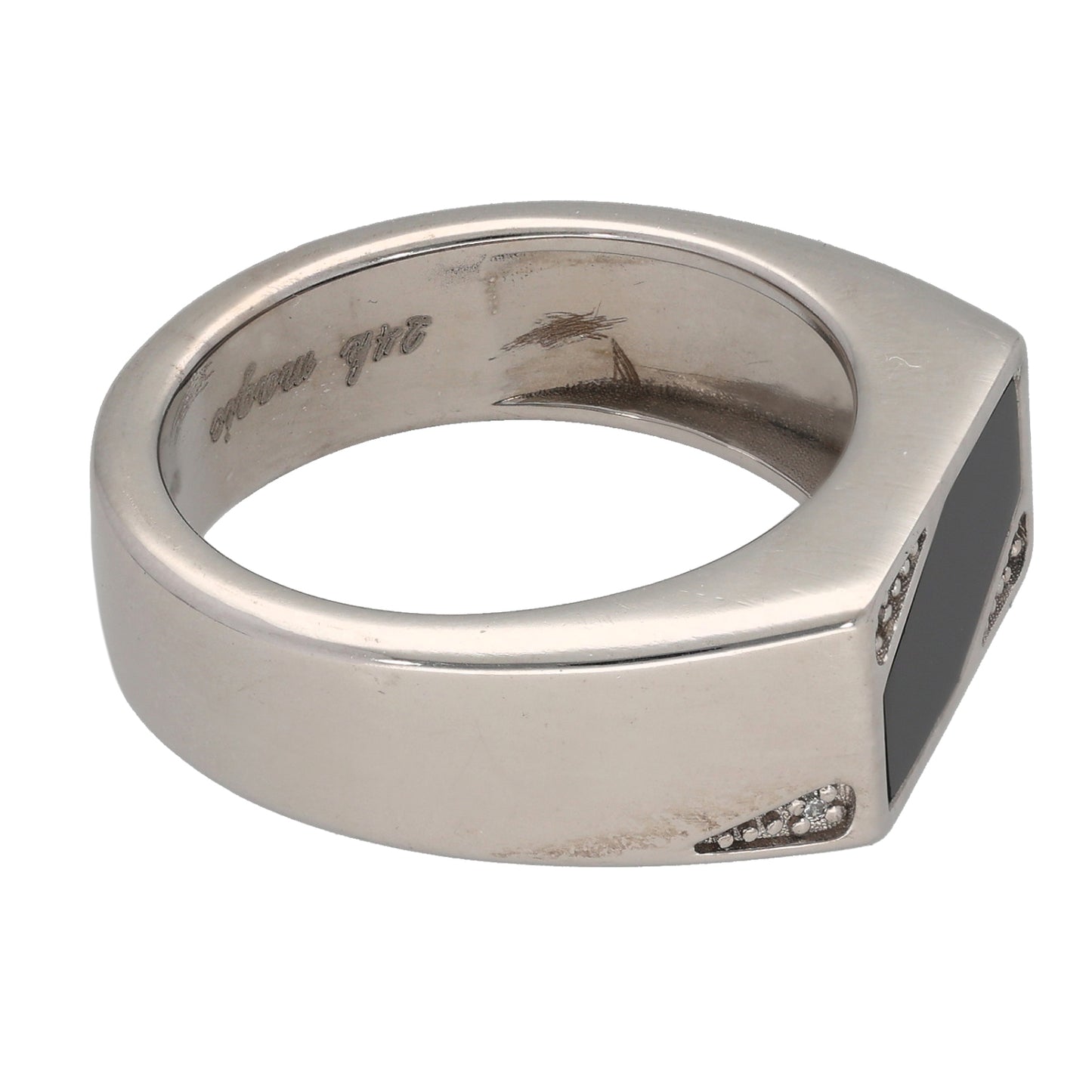 18ct White Gold Onyx & Cubic Zirconia Patterned Signet Ring Size Q