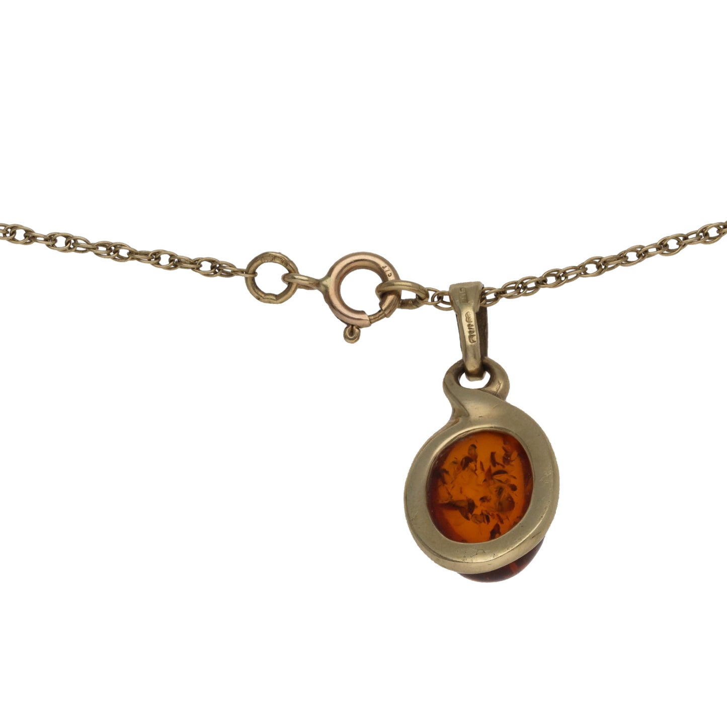 9ct Gold Amber Single Stone Pendant With Chain