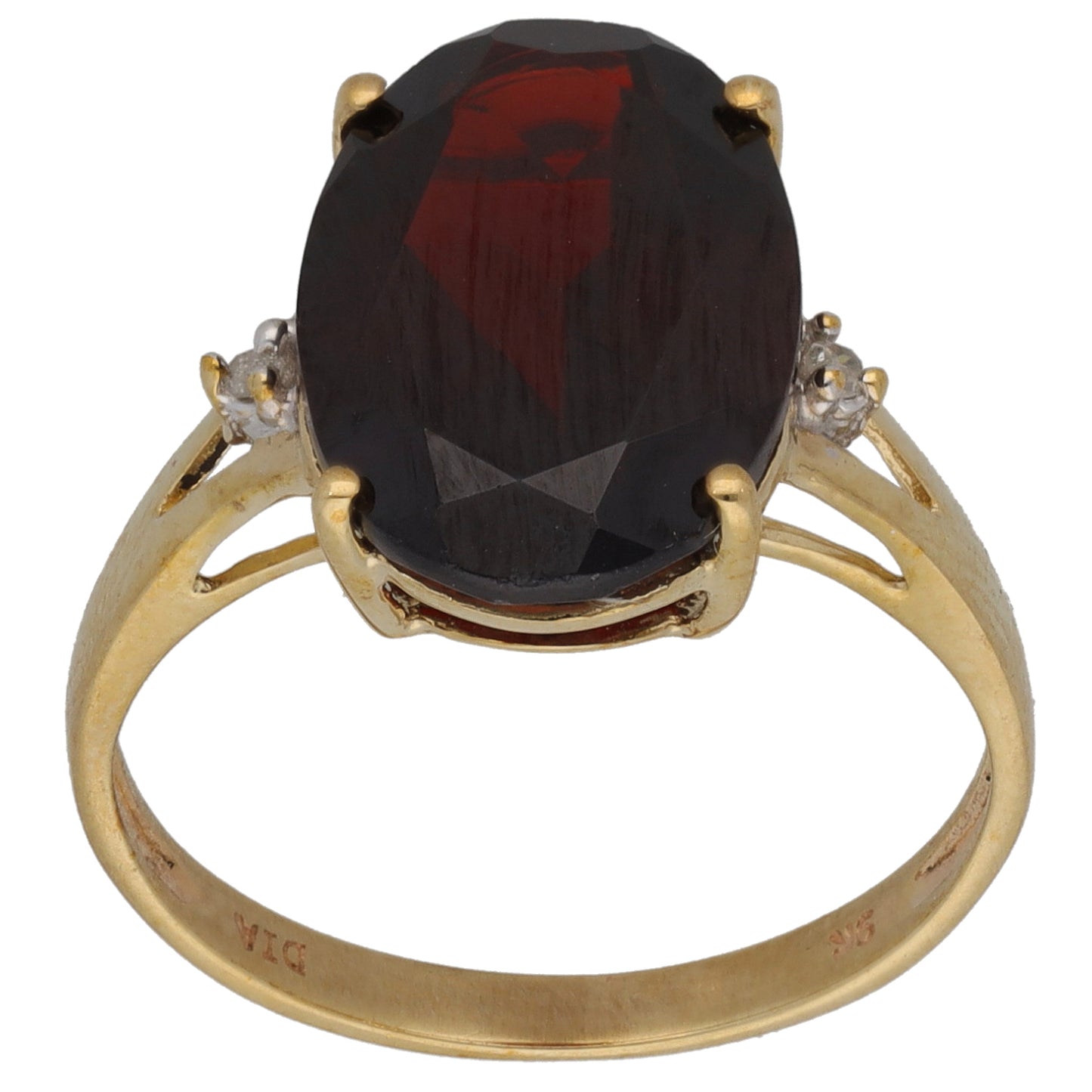 9ct Gold Garnet & 0.02ct Diamond Single Stone Ring With Accents Size M