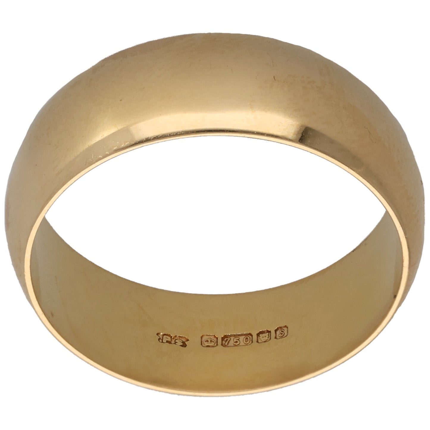 Gold plain wedding band with inner hallmarks stamped on the inside edge