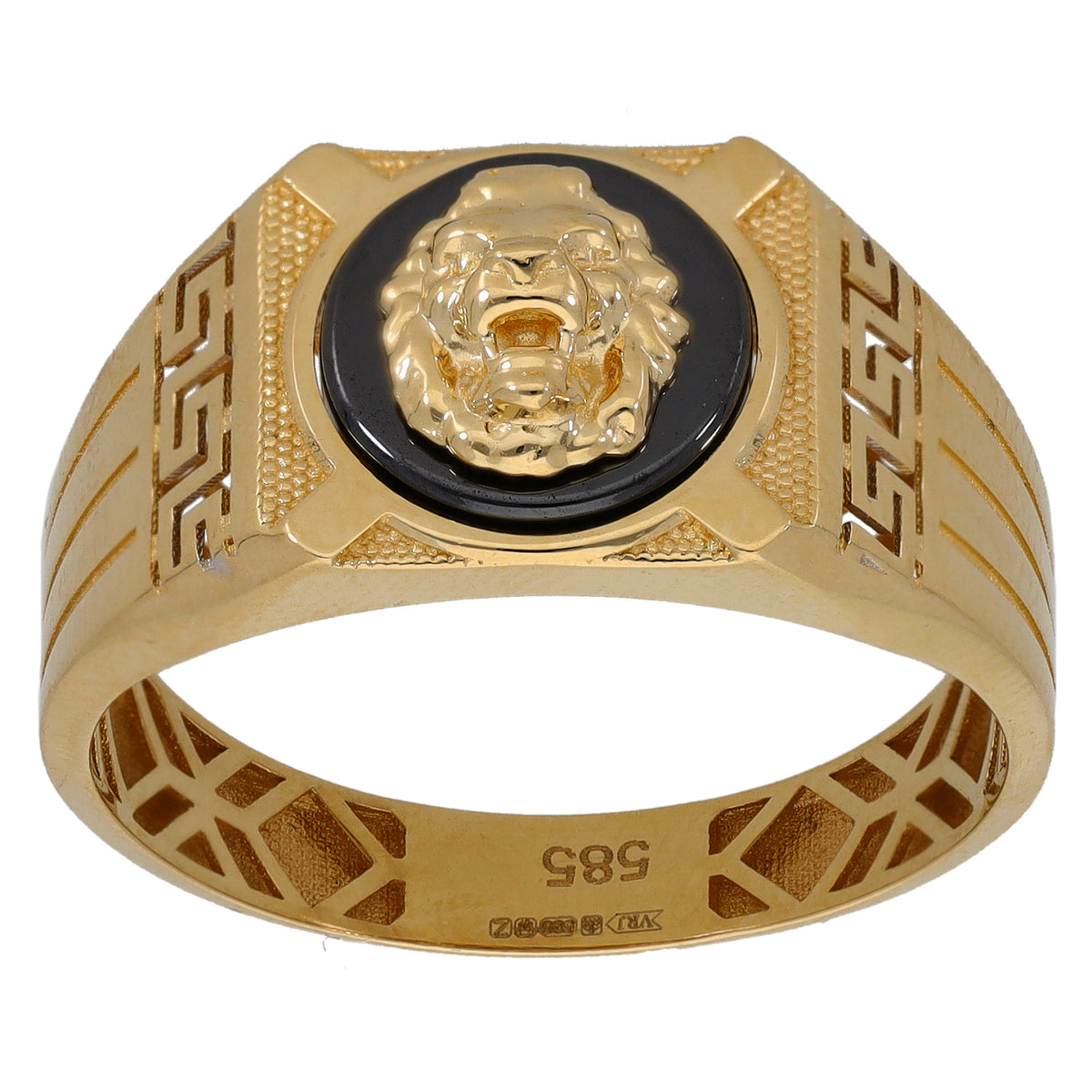 Gold signet ring with black oval bezel and engraved crest, geometric patterned band