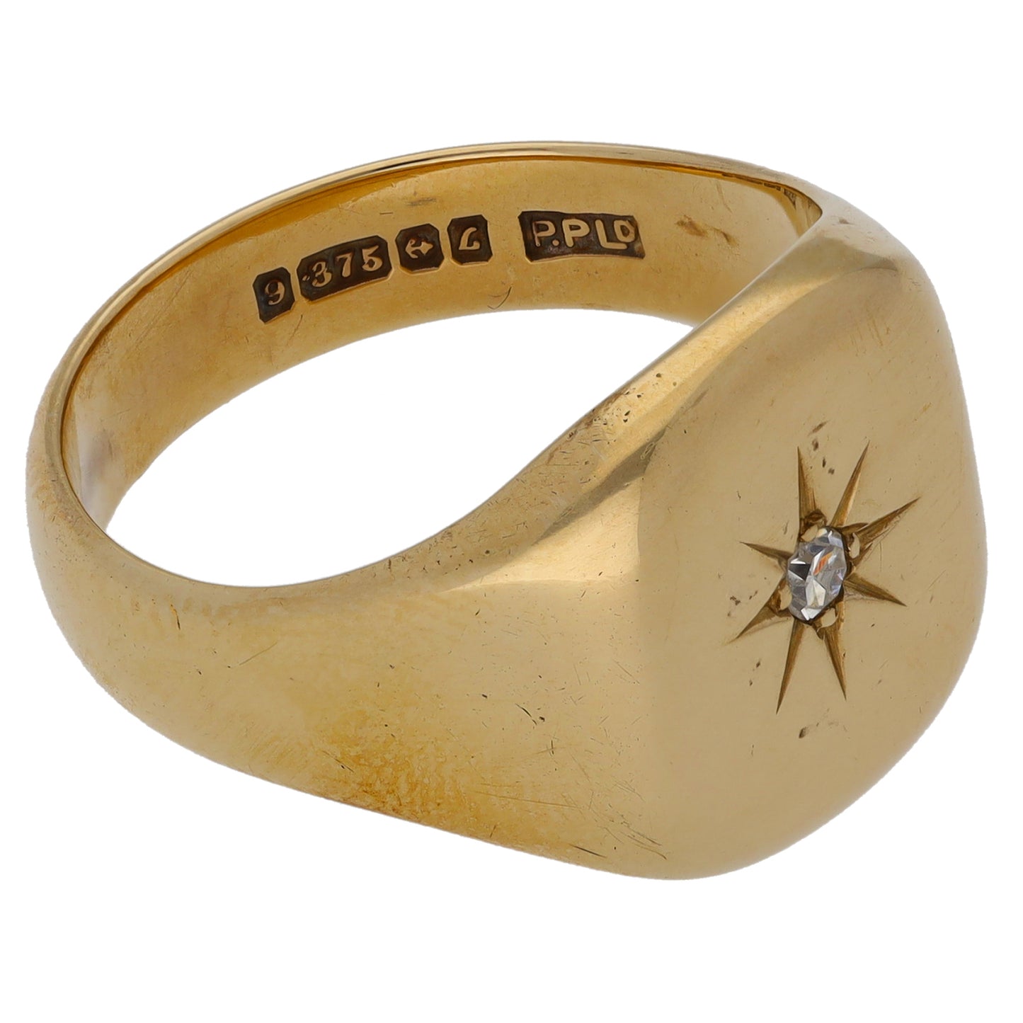 9ct Gold 0.05ct Diamond Plain Single Stone Signet Ring Size S