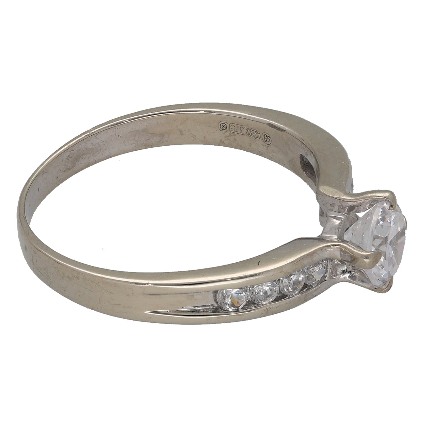 9ct White Gold Cubic Zirconia Single Stone Ring with Accent Stones Size P