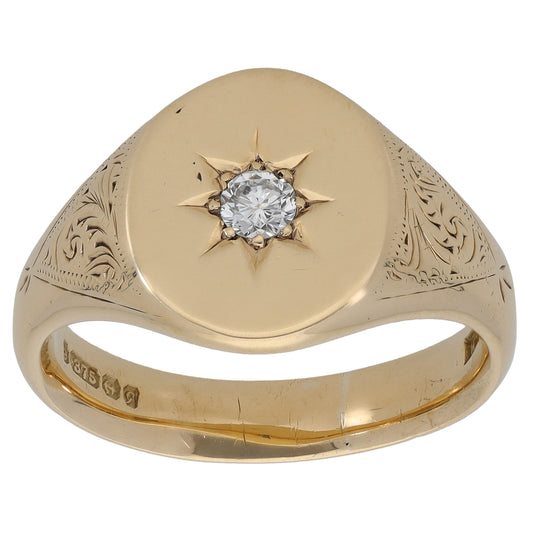 9ct Gold 0.20ct Diamond Patterned Signet Ring Size V