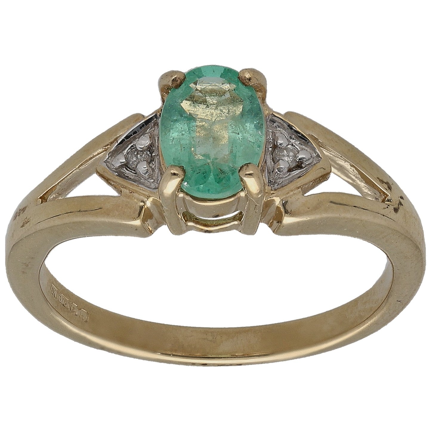 9ct Gold Emerald & 0.01ct Diamond Three Stone Ring Size N