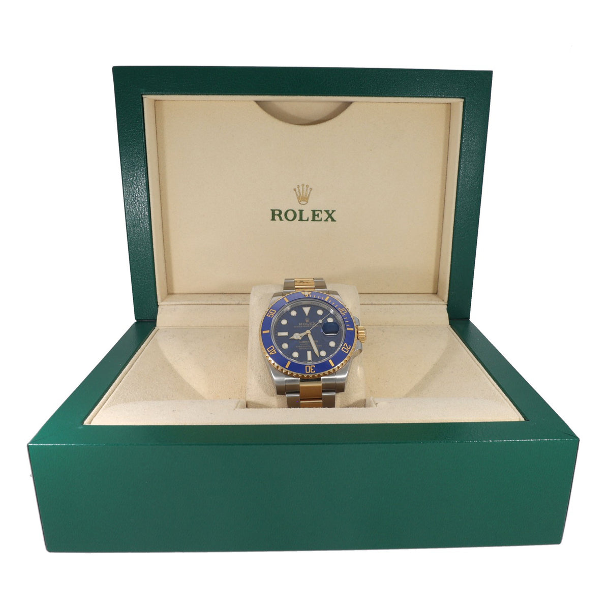 Rolex bi-colour Submariner wristwatch in green presentation box with blue dial