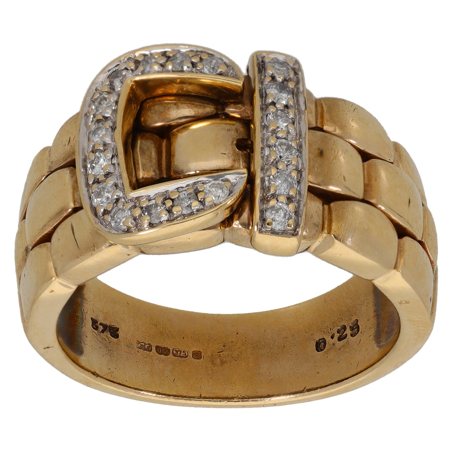9ct gold buckle ring with large oval diamond setting and side diamond pave