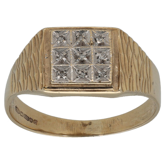 9ct Gold 0.045ct Diamond Patterned Signet Ring Size T