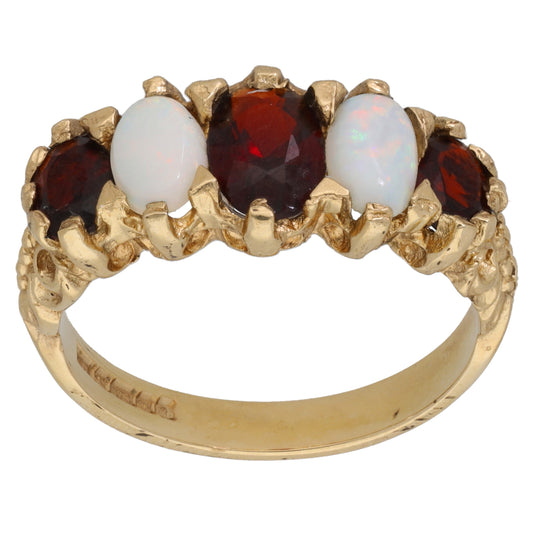9ct Gold Opal & Garnet Half Eternity Ring Size O