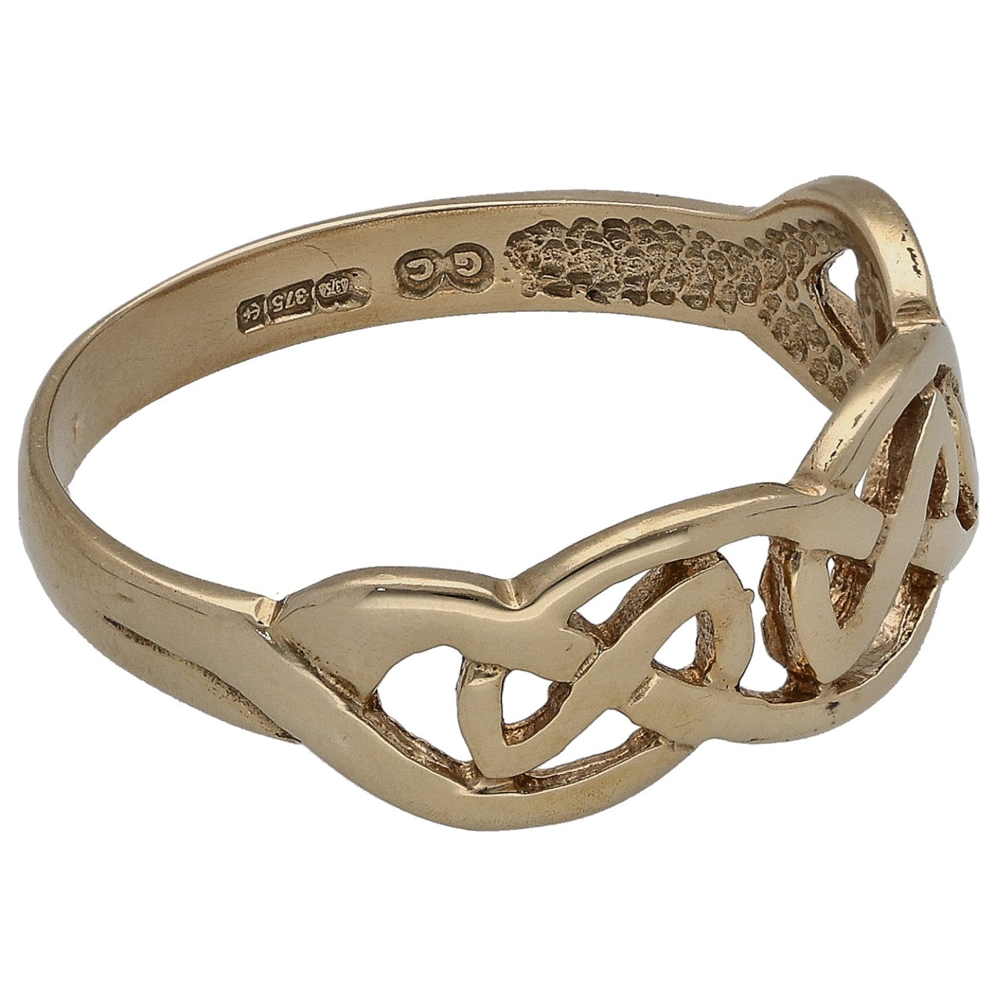 Gold alternative ring with side filigree engraving and openwork interlaced pattern