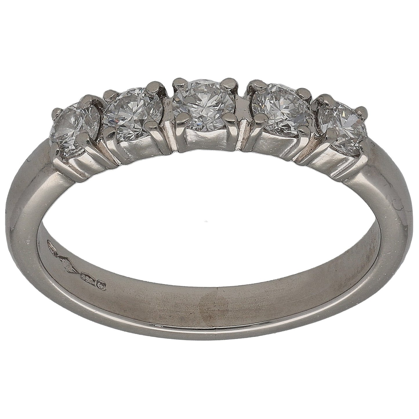 Platinum half-eternity ring with round white diamonds in a curved row, front view