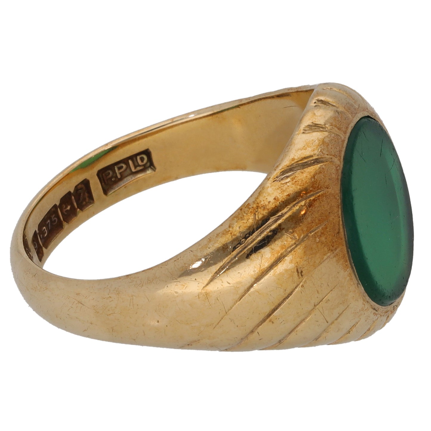 9ct Gold Chalcedony Patterned Signet Ring Size P