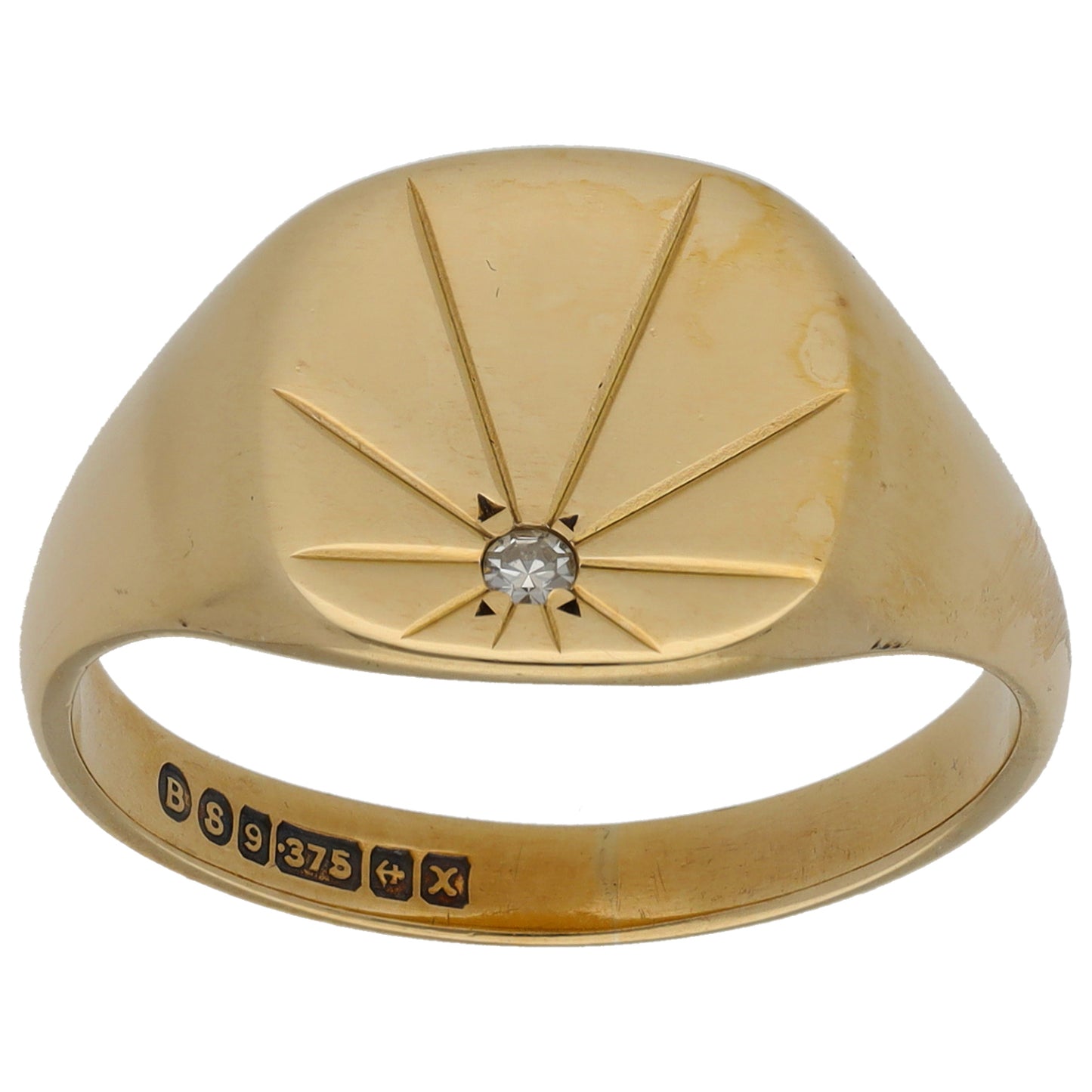 9ct Gold 0.01ct Diamond Patterned Single Stone Signet Ring Size S