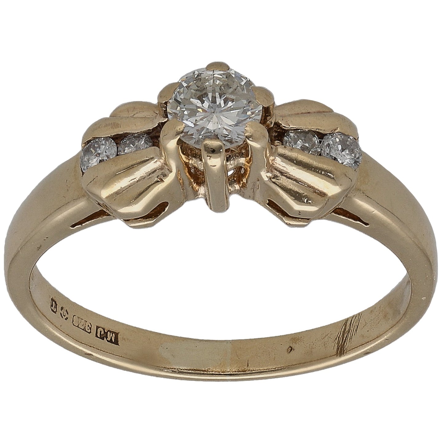 9ct Gold 0.33ct Diamond Solitaire Ring With Accent Stones Size K