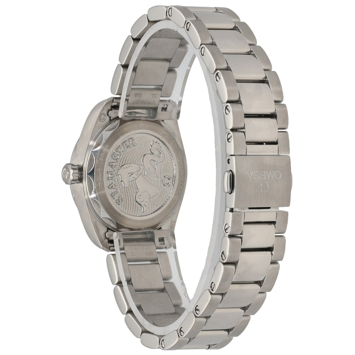 Stainless steel Omega Seamaster 220.10.28.60.54.001 watch caseback with engraved back and link bracelet
