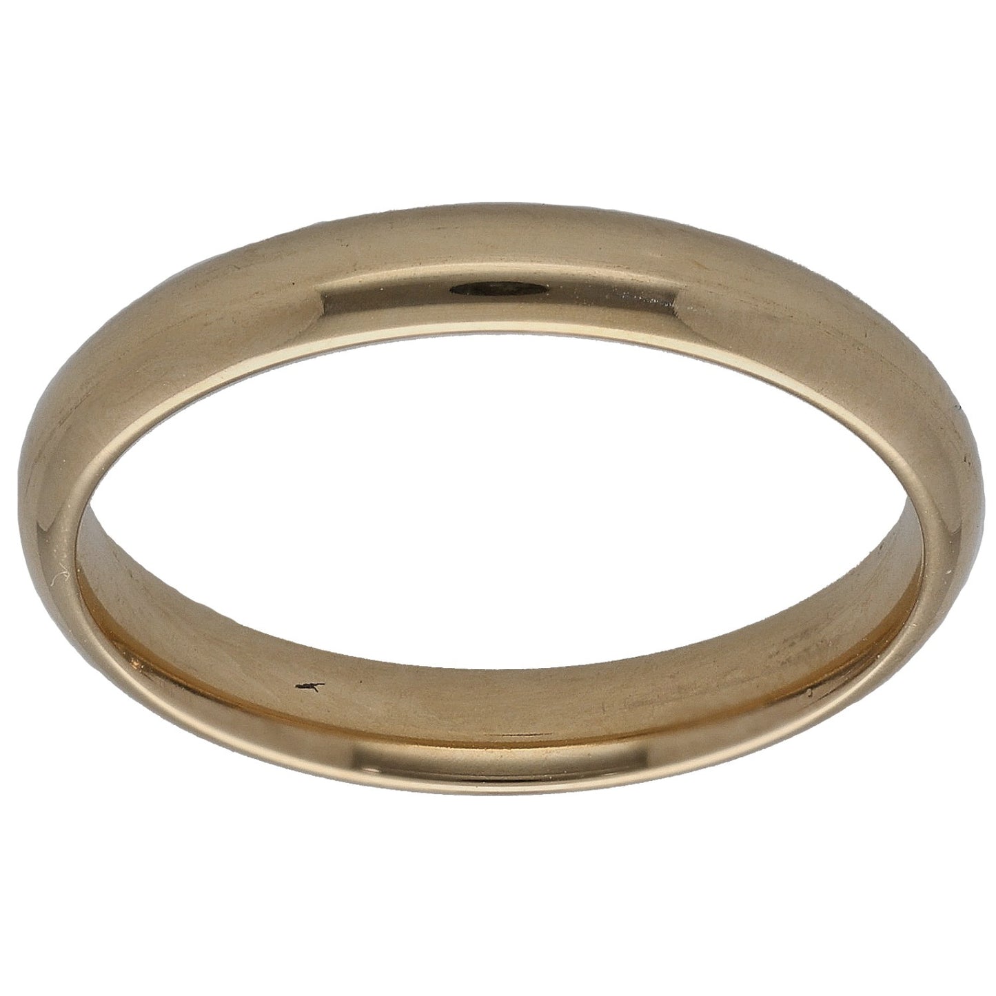 9ct gold plain wedding ring with polished rounded band and inner hallmark
