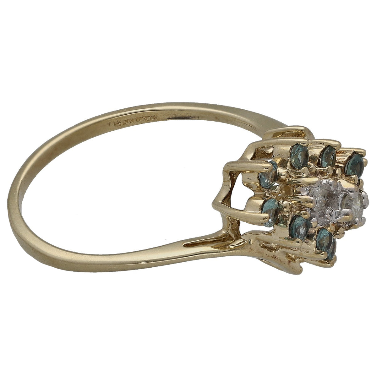 9ct gold cocktail ring with blue-green stones and round center diamonds, side view
