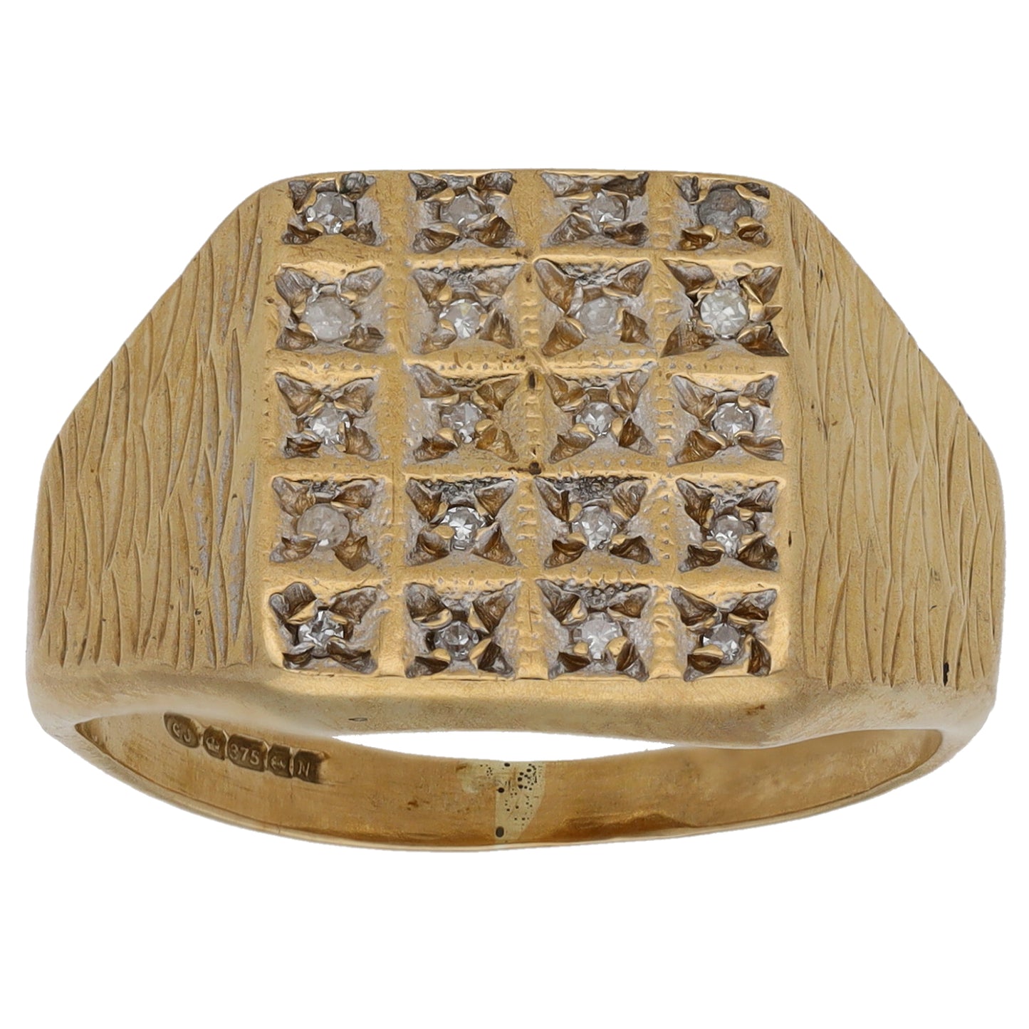 9ct Gold 0.10ct Diamond Patterned Signet Ring Size Q