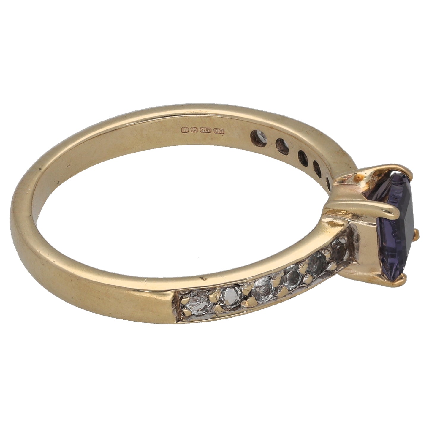 9ct Gold Iolite & Imitation Gems Single Stone Ring with Accent Stones Size R