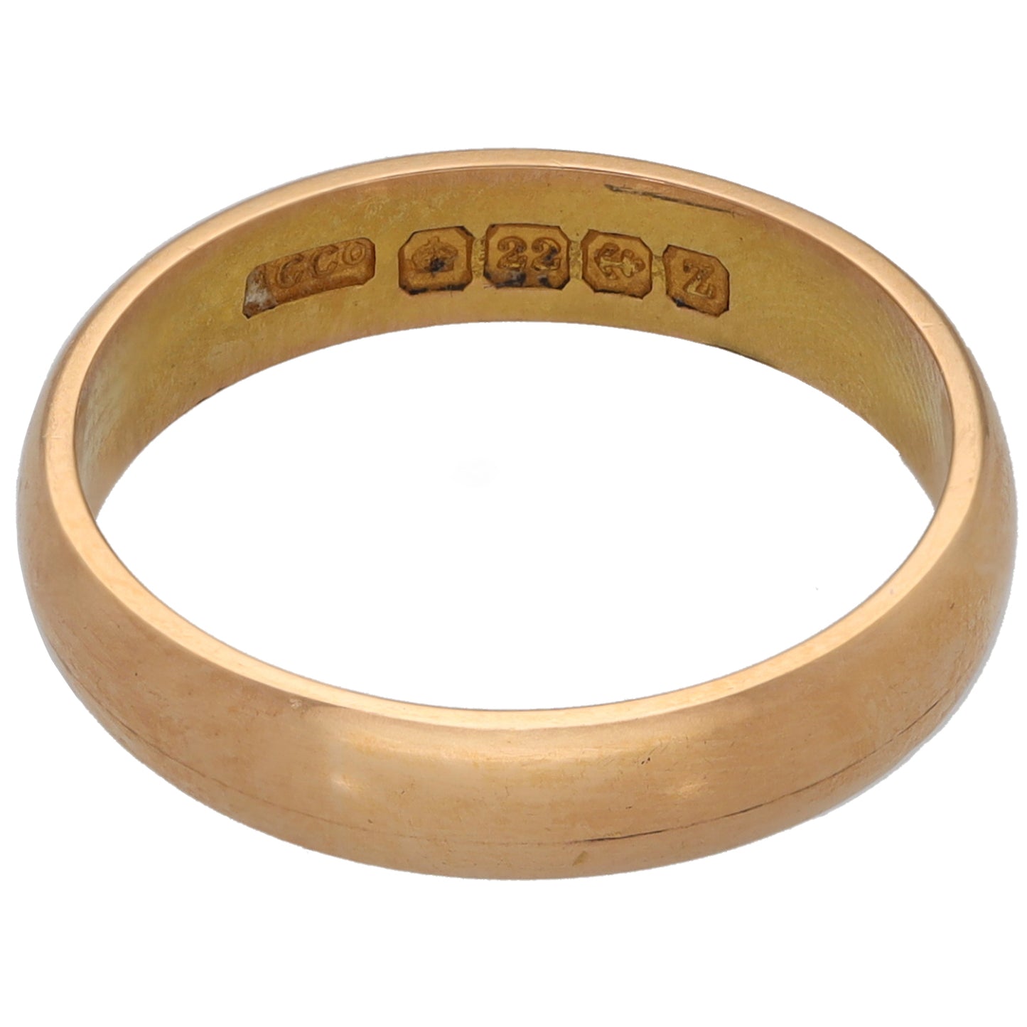 Plain 22ct gold wedding ring with engraved inner markings on the inner band