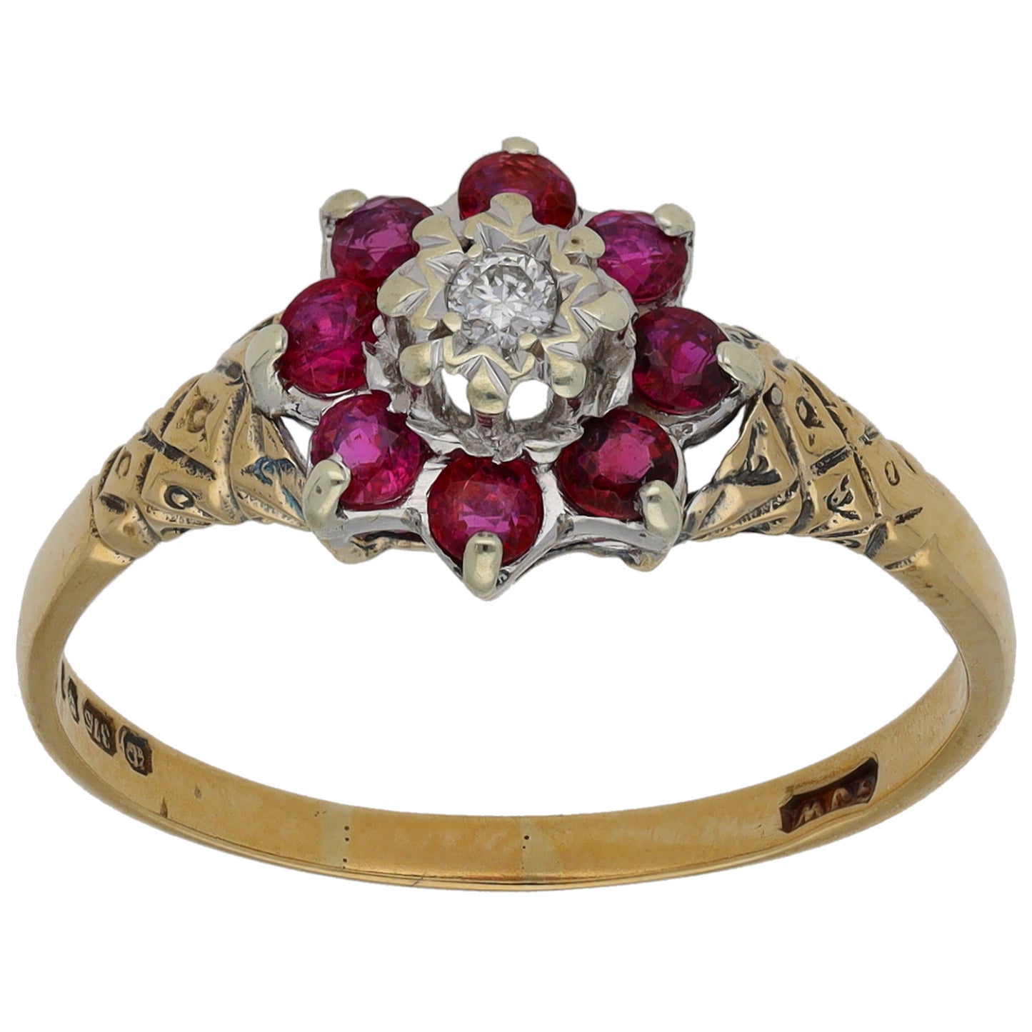 9ct Gold Glass Filled Ruby & 0.03ct Diamond Dress/Cocktail Ring Size Q