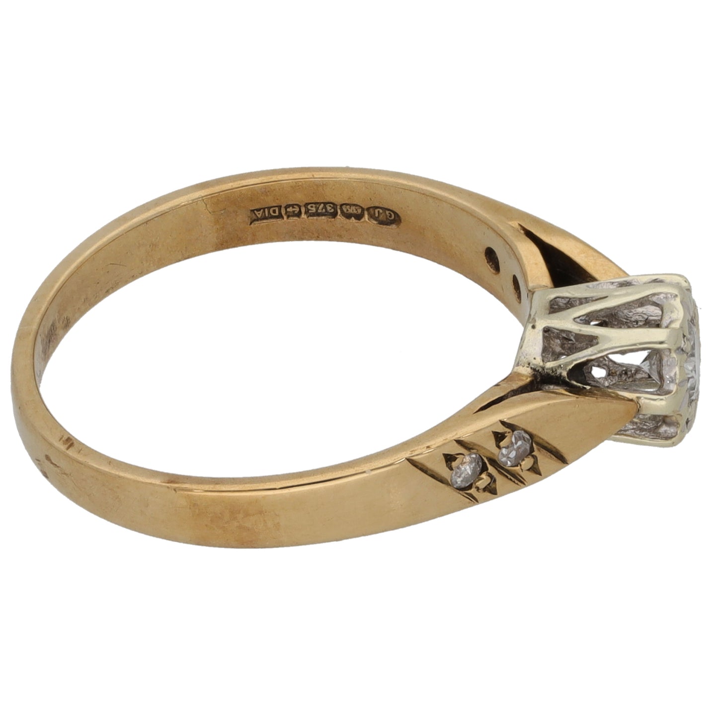 9ct Gold 0.15ct Diamond Solitaire Ring With Accent Stones Size M