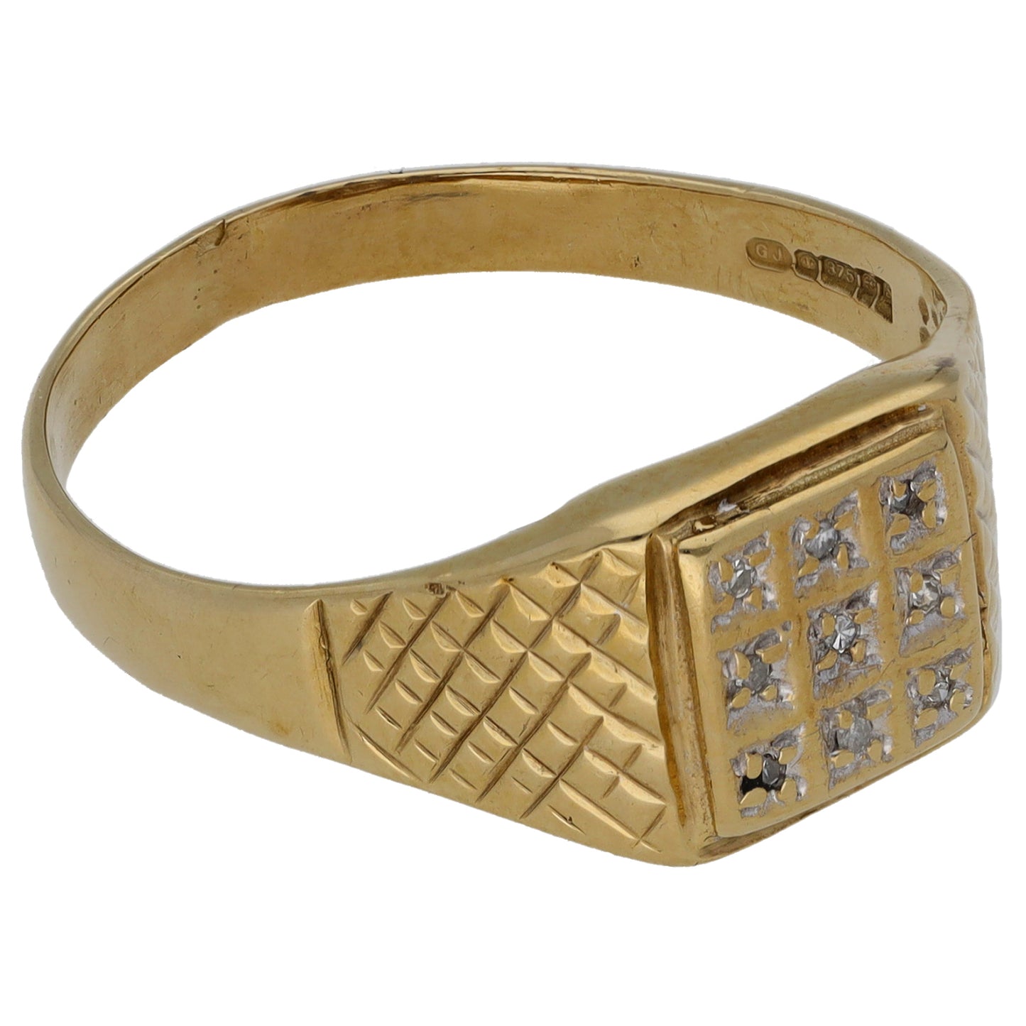 9ct Gold 0.045ct Diamond Patterned Signet Ring Size X